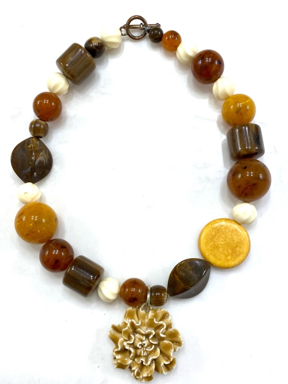 Vintage Brown, Yellow and Cream Statement Floral Necklace